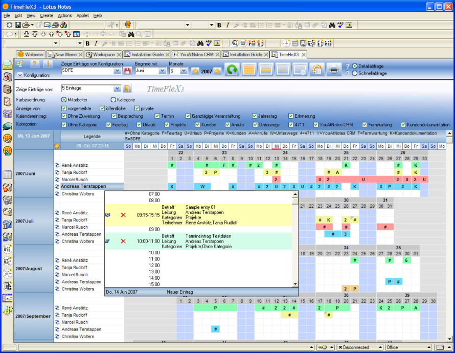 TimeFlex stellt innerhalb von Notes die Termine von Mitarbeitern und die belegten Ressourcen dar.