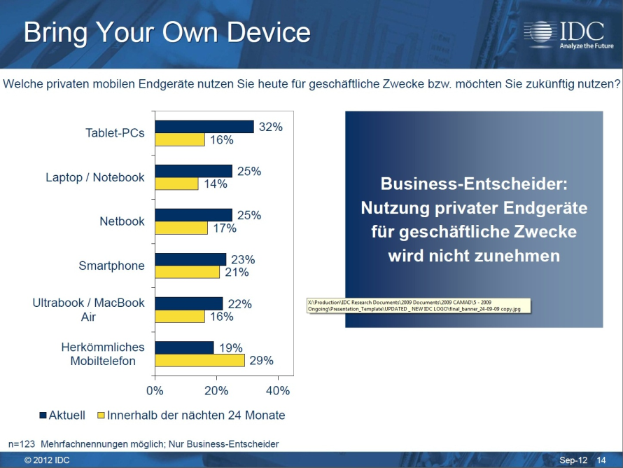 In zwei Jahren wollen weniger Business-Entscheider als heute ihre Privatgeräte dienstliche nutzen.