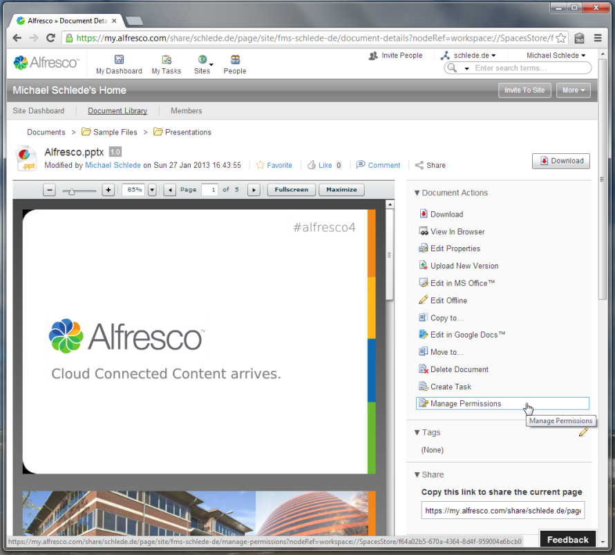 Mit der Cloud-Lösung von Alfresco können die gängigen Office-Dateien direkt im Browser dargestellt, durchsucht und auch bearbeitet werden.