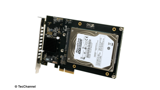 Das OCZ RevoDrive Hybrid fällt etwas aus dem Rahmen, denn sie vereint auf einer PCIe-Steckkarte Festplatte und einen großen Flash-Speicher. 