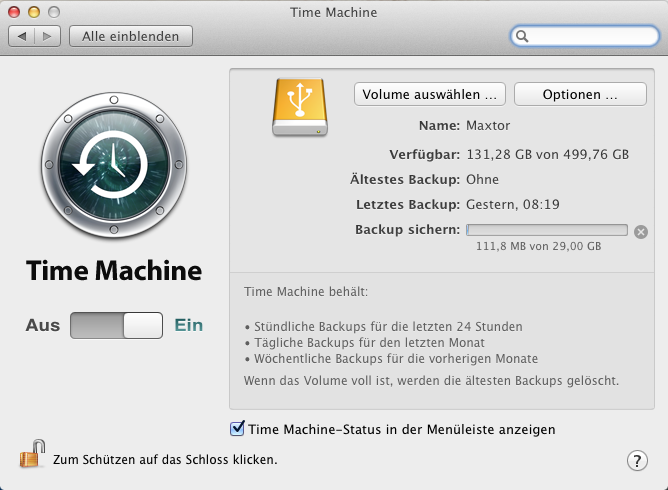 Für alle Fälle: Vor der Installation von Windows 8 mit dem Boot Camp sollte mit Time Machine ein Backup auf eine externe USB-Festplatte durchgeführt werden.
