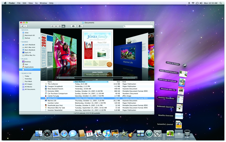 Der Finder von Mac OS X 10.5 "Leopard" mit Cover-Flow-Ansicht und Dateistapel ("Stack")