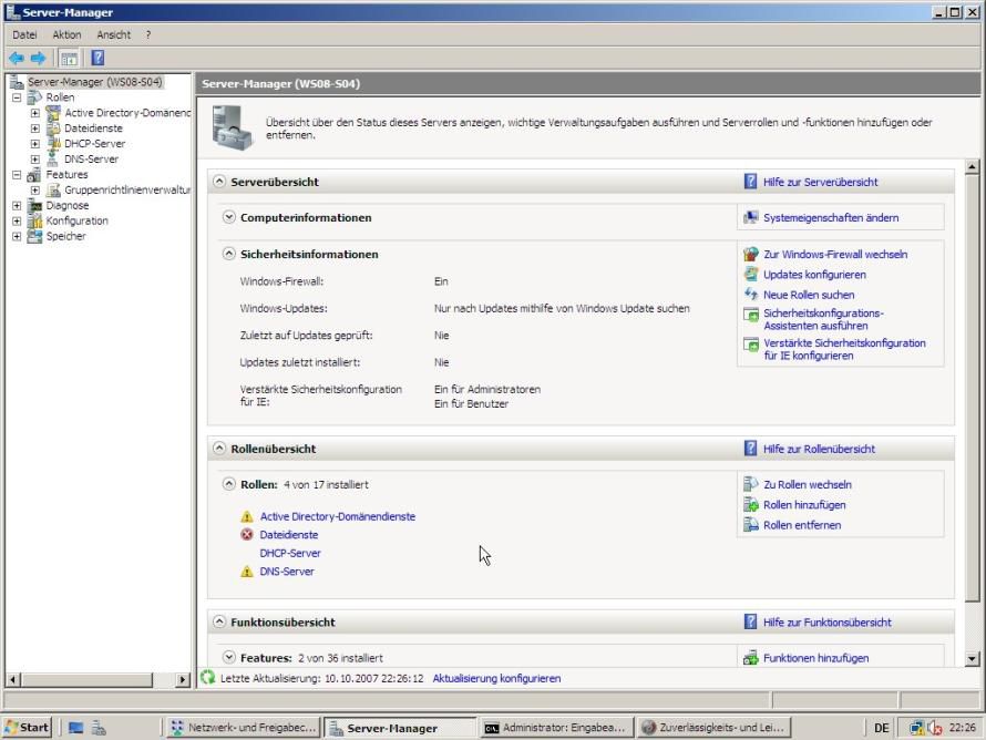 Der Server-Manager ist zentrale Anlaufstelle für die Konfiguration und Verwaltung von Windows Server 2008.