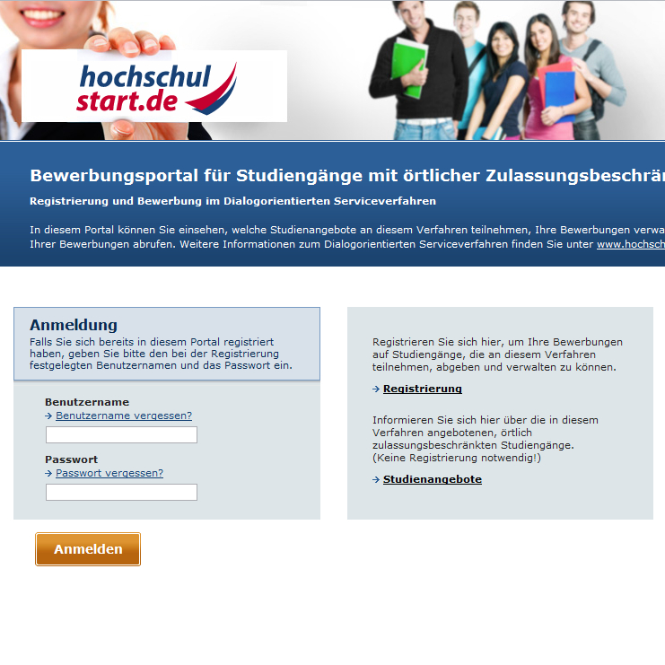 Hier können sich die Bewerber für örtlich zulassungsbeschränkte Studiengänge registrieren.