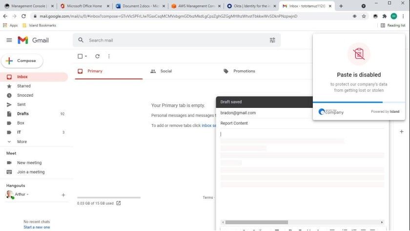 Der Island-Browser hindert einen Nutzer daran, Unternehmensdaten aus einer wichtigen Anwendung zu &uuml;bernehmen und den Inhalt an sein pers&ouml;nliches Gmail-Konto zu senden. 