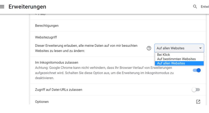 Im Browser Google Chrome sollte die Extensions-Einstellung "Auf allen Websites" nicht aktiviert sein. 