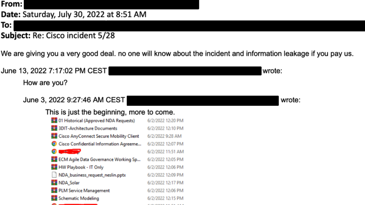 Die E-Mail des Hackers an Cisco