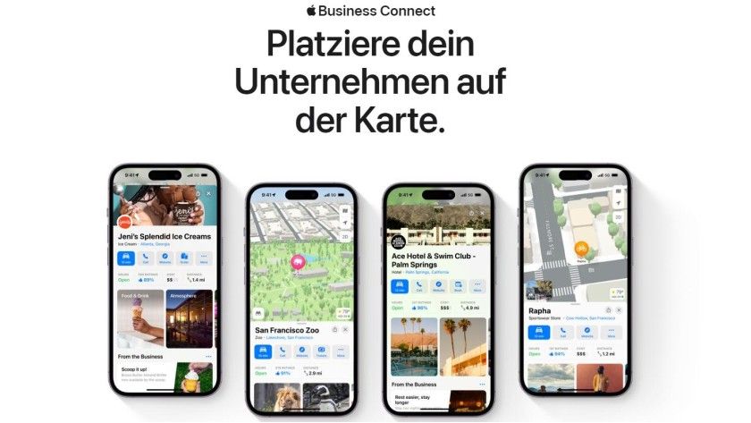Mit Apple Business Connect können Unternehmen ihre Standorte auf Apple Karten platzieren und Informationen bereitstellen. Mit Apple Business Connect können Unternehmen ihre Standorte auf Apple Karten platzieren und Informationen bereitstellen.